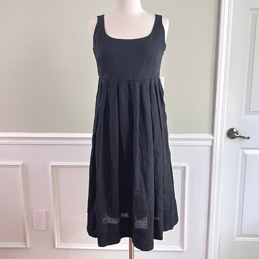 Banana Republic Linen Empire‎ Waist Dress Womens 6 Pleated Sleeveless Black Midi - Picture 7 of 8